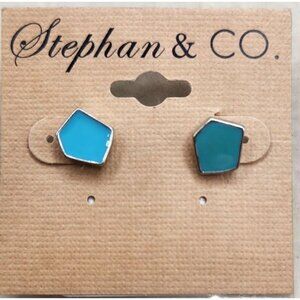 Silver Tone Stud Earrings With Turquoise Blue Enamel Accent